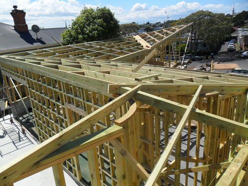 Prospect trc,Mt Eden. Z shaped angled house framed up