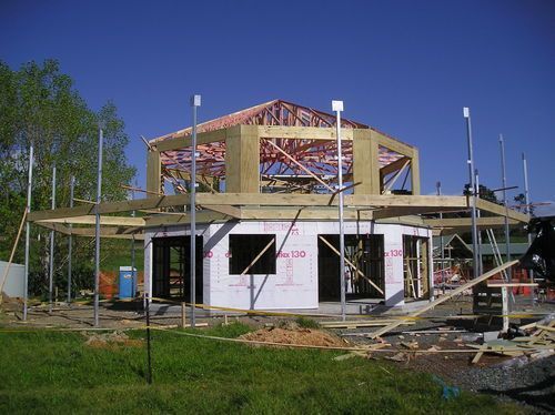 Papatoetoe pony club house, Brookby. Week 4 into build, Starting the outer deck construction with Galvanised steel posts at each corner of the octagon.