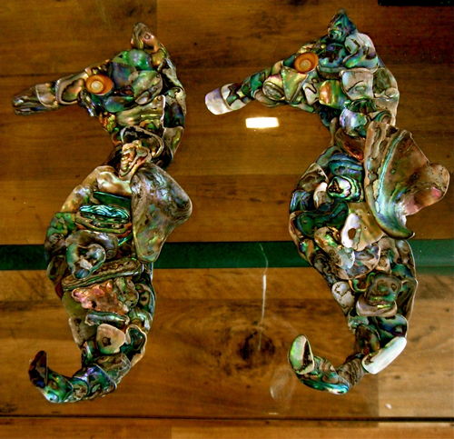 Handmade paua seahorses, artist Rowena Rooney.