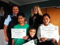 Louise Grevel and Community Constable Dorothy Iosia presented Pale, Jason and Rosaline (left to right) with their prizes. Harmony was absent. 