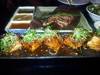 Buta no Kakuni (pork belly) in foreground, Wakanui Blue no Steak (scotch fillet) in background